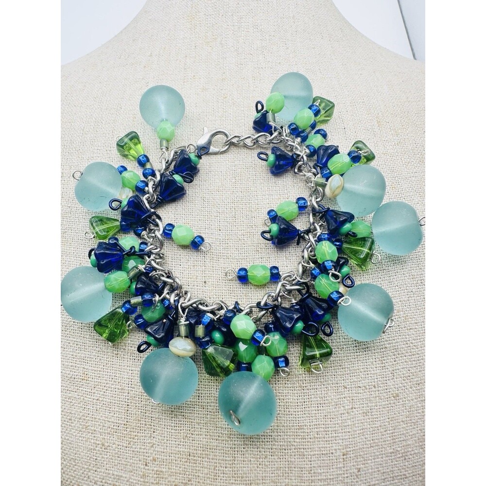 Handcrafted Green Blue Art Glass Floral Cha Cha Bracelet 7”